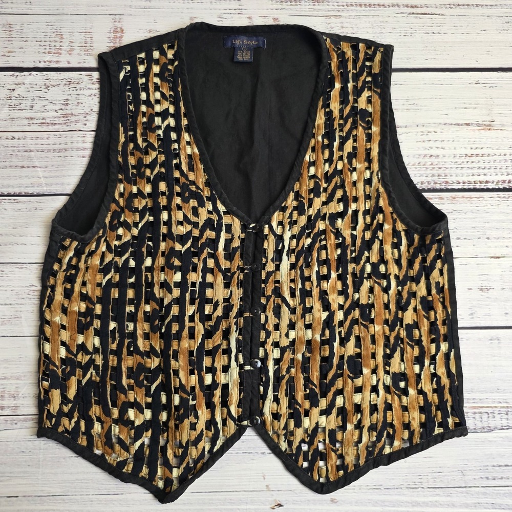 Life Style Vintage Woven Vest Size Large Cotton Blend Black Brown Animal Print